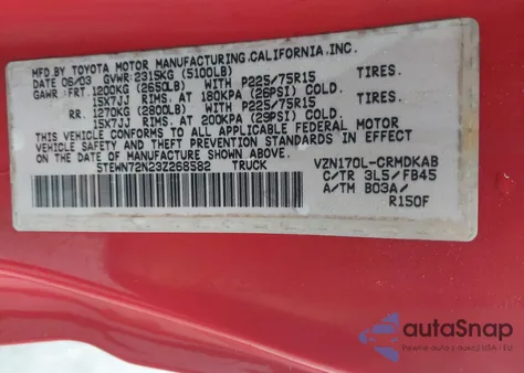 2003 Toyota Tacoma Base V6 z USA, uszkodzony, nr VIN 5TEWN72N23Z268582